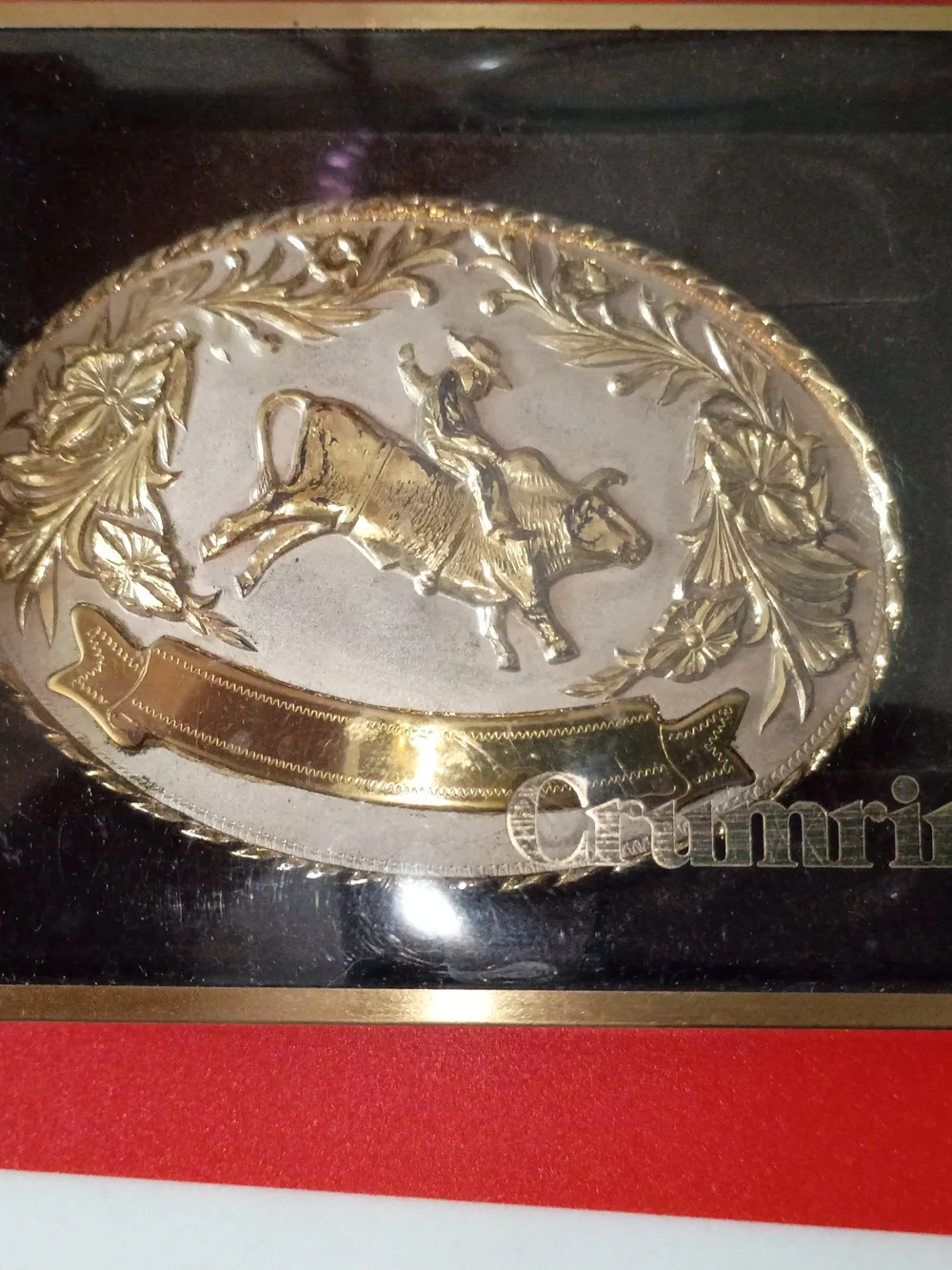 Vintage Crumrine Western Belt Buckle - Gold & Silver Tone Bull Rider Trophy Oval